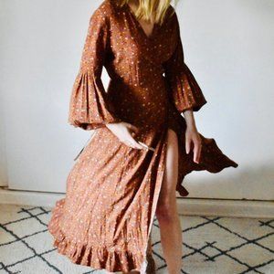 CJLA Alana Wrap Ballong Sleeve Dress Size L Sienna Brown Calico Cottagecore